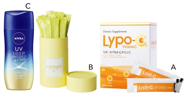A リポ・カプセル ビタミンC 1箱（30包入） ￥7776／スピック　B ルミエージュ 30包 ￥10800／ISHIIMIHO.COM　C ニベアUV ディープ プロテクト＆ケア ジェル SPF50+・PA++++ 80g ￥1078（編集部調べ）／ニベア花王
