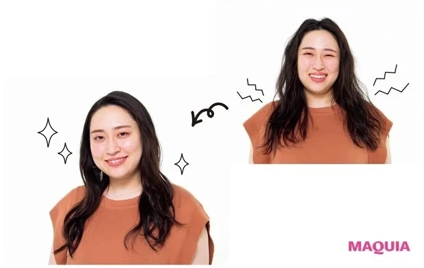 丸山礼さん実演・オンラインでの美人角度_ヘアセラムやミルクでやや束感が残るくらいに整えると上品。