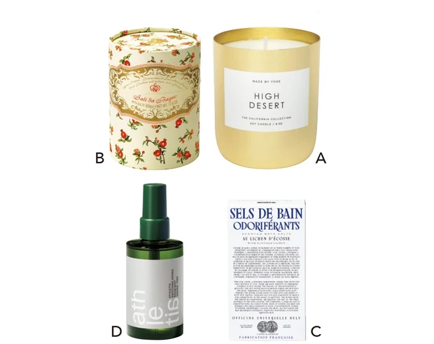 A メイドバイヨーク キャンドル ハイデザート ￥7920／コアラ ビューティー　B サンタ•マリア•ノヴェッラ バスソルト ザクロ 500g ￥7700／サンタ•マリア•ノヴェッラ銀座　C セル•ドゥ•バン•オドリフェラン 500g ￥4510／オフィシーヌ•ユニヴェルセル•ビュリー　D スイッチング アロマルームミスト SACRED TREE 100ml ￥3850／アスレティア
