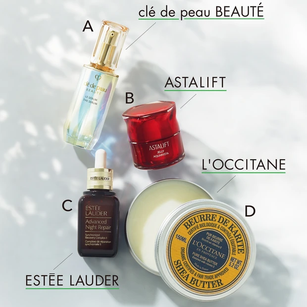 Aル・セラム 50ml ¥25000(医薬部外品)/クレ・ド・ ポー ボーテ Bアスタリフト ジェリー アクアリス タ 40g ¥9000/富士フイルム Cアドバンス ナイトリペア SR コンプレックス II 50 ml ¥13500/エスティ ローダー Dロクシタン シアバター 150ml ¥4900/ロクシタンジャポン