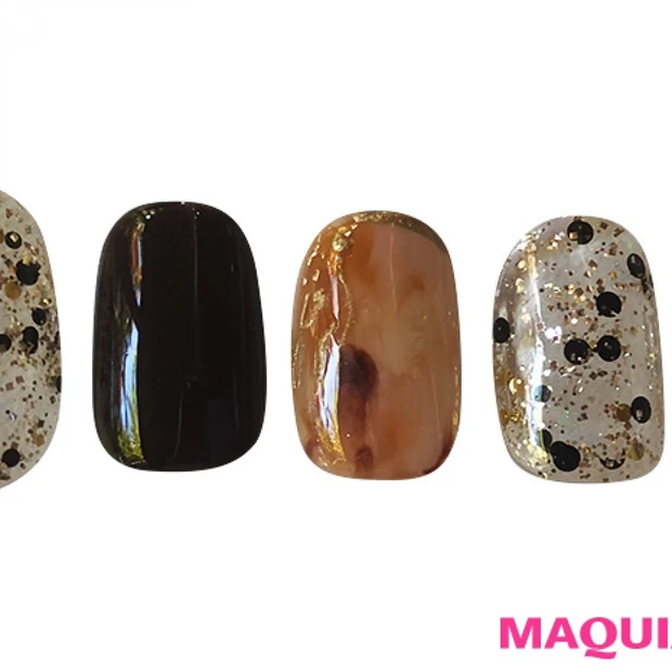 絶妙な抜け感バランス! ゴールドと黒が織りなす大人「ホログラム」ネイル