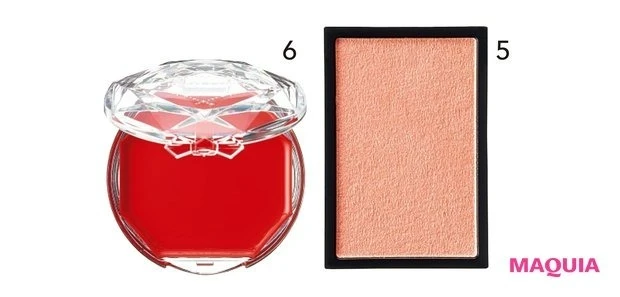 大人のプチプラメイク4選_プチプラは深い赤も優秀！ ダークなリップで洒脱に_ヴァティック アイズ 08 ¥2200／セルヴォーク_キャンメイク クリームチーク 14 ¥638／井田ラボラトリーズ