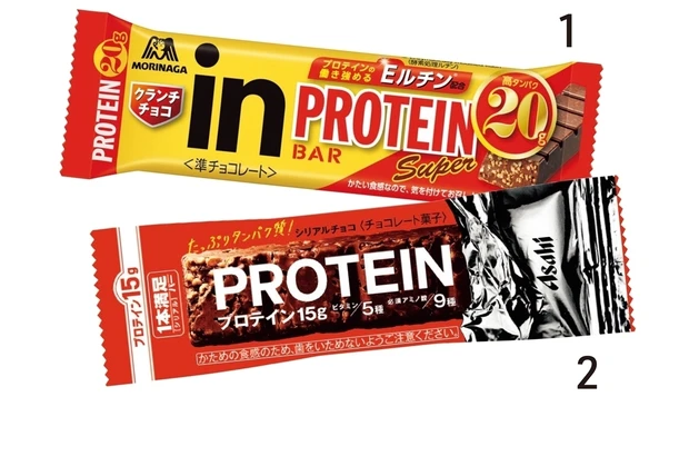 1 inバープロテインSuper クランチチョコ 54g￥214（編集部調べ）／森永製菓　2 1本満足バー プロテインチョコ 39g￥151（編集部調べ）／アサヒグループ食品