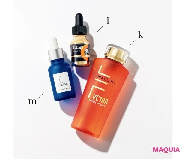 神崎 恵さんおすすめのお悩み・パーツ別エイジングケアコスメ_毛穴ケア_VC100エッセンスローションEX 150ml ¥5170/ドクターシーラボ_オバジC25セラム NEO 12ml ¥11000/ロート製薬_タカミスキンピール 30ml ¥5500/タカミ