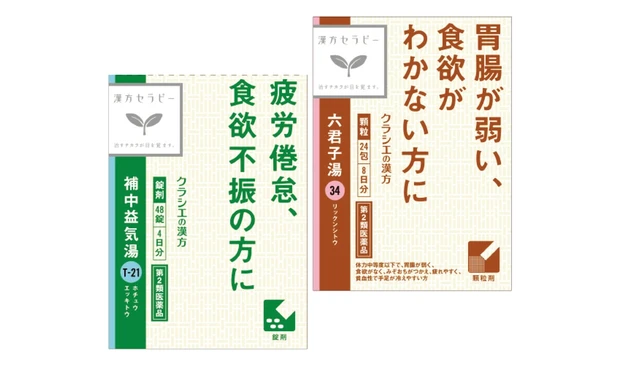 （右から）胃腸が弱く、食欲がない人の胃炎や消化不良、食欲不振などに。「クラシエ」漢方六君子湯エキス顆粒 24包￥2460、体力虚弱で元気がなく、胃腸の働きが衰えた人の、疲労倦怠や食欲不振などに。補中益気湯エキス錠クラシエ 48錠 ￥1551（ともに第2類医薬品）／クラシエ薬品