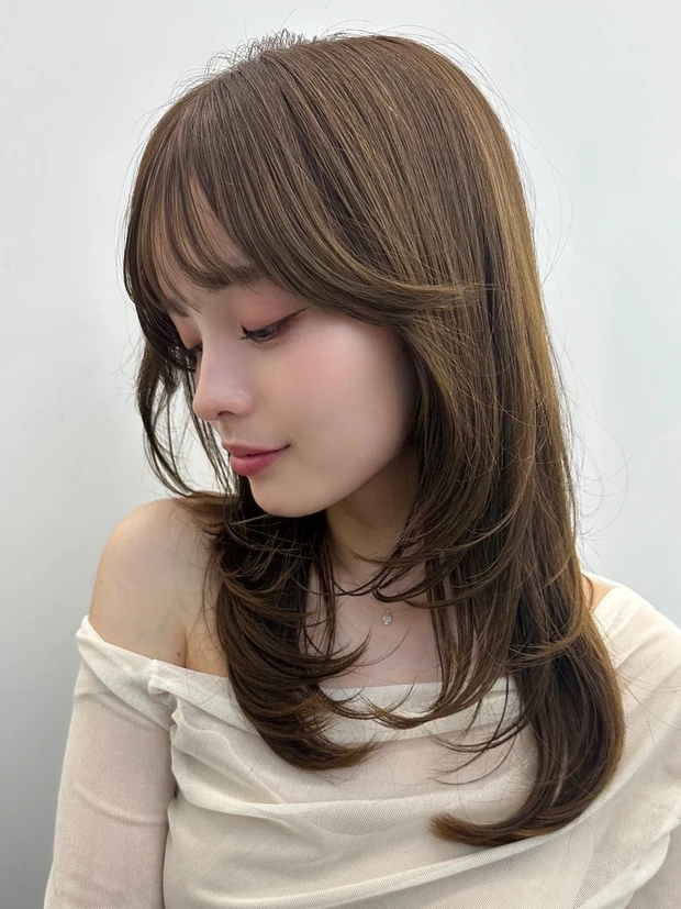 髪型 ミディアムレイヤー ミディアムヘア シースルーバング サイド