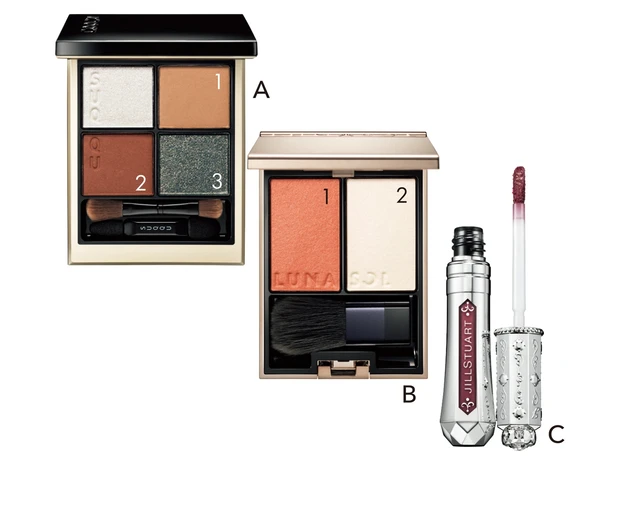 A シグニチャー カラー アイズ 12 ￥7700／SUQQU　B ルナソル カラーリンググレイズ EX06 ￥6820／カネボウ化粧品（限定色）　C タイムレスグロウ　ルージュティント 101 ￥3300／ジルスチュアート　ビューティ（限定色）