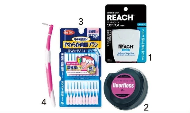 1 リーチ デンタルフロス ワックス 50m ¥878(編集部調べ)/銀座ステファニー化粧品 2 フロアフロス 45m ¥660(編集部調べ)/オーラルケア 3 やわらか歯間ブラシ 超極細タイプ 20本 ¥396(編集部調べ)/小林製薬 4 ルシェロ 歯間ブラシ sss(歯科医院専売)ハンドル1本(ブラシ1個付)、替えブラシ4個 セット価格 ¥530(編集部調べ)/ジーシー