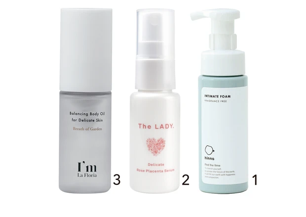 1hinna インティメイト フォーム 200ml ￥2590／サンテラボ　2The LADY. デリケートローズプラセンタ セラム 30g ￥4380／The LADY.　3アイム ラフロリア バランシングボディオイル ブレスオブガーデンの香り 30ml ￥3960／アイム ラフロリア