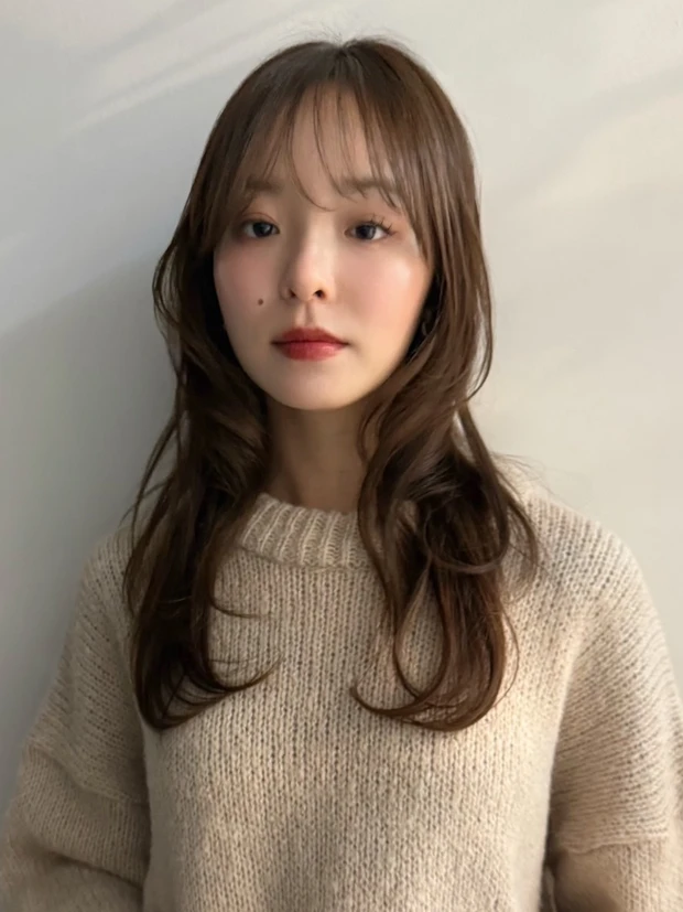 髪型 ロング 透けベージュ 前髪あり スタイリング