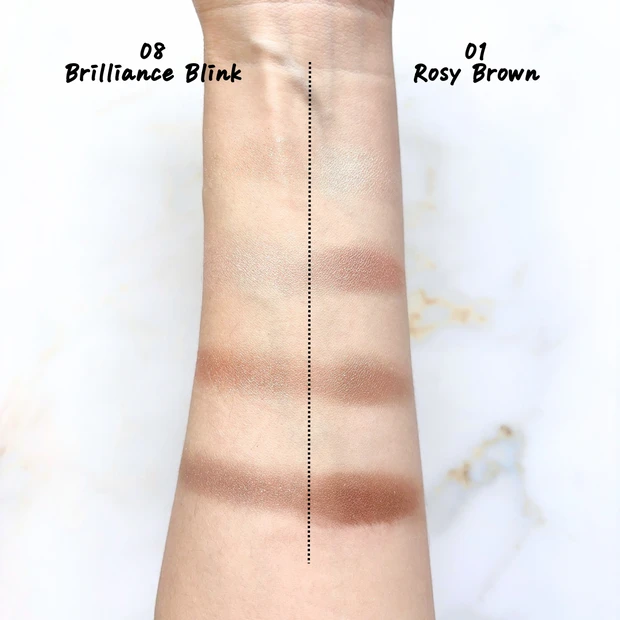 スキンシャドウ デザイニング パレットの01 Rosy Brownと08 Brilliance Blink