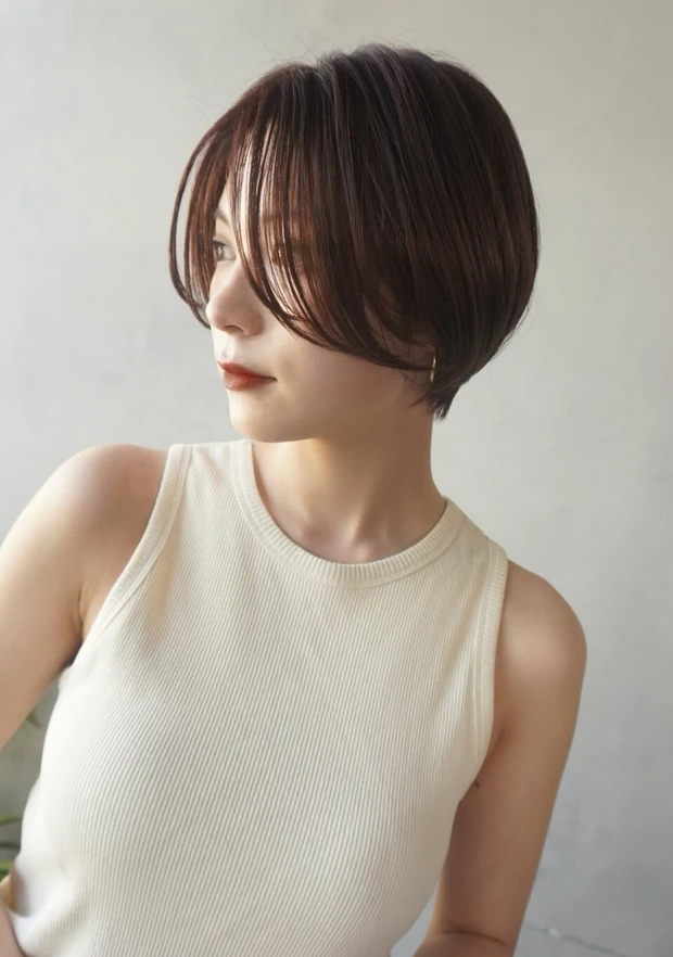 冬におすすめの髪型 ショートヘア オフィスにも最適な前上がりライン✕長め前髪のハンサムショート