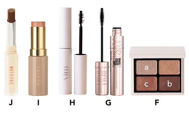 F Enamor ニュアンスカラーアイズ 102 ￥2420／Dcyua（限定色）　G スカイハイ ブラック ￥1639／メイベリン ニューヨーク　H vim BEAUTY マイ コンフィデンス ブロウ クリアブラック ￥1850／Direct Tech　I ルミナイザー バー 05 ￥3300／トーン　J SHEGLAM ハイドレイティングリップスティック First Date ￥703／SHEIN