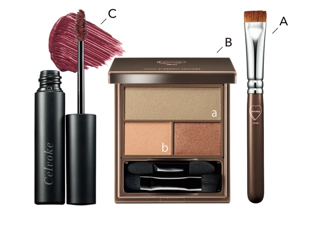 Aフーミー 平行眉ブラシ 熊野筆 ￥1980、B同 マルチアイブロウパウダー ブラウンカーキ ￥1980／Nuzzle　Cインディケイト アイブロウマスカラ C 02 ￥3080／セルヴォーク