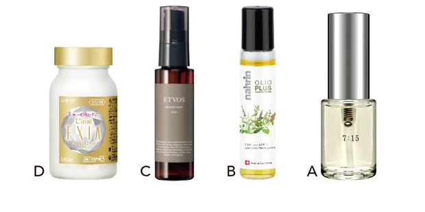 A uka パフューム ナナイチゴ 15ml ￥8800／uka Tokyo head office　B ナリン ハーブオイル33 +7 ロールオン 10ml ￥2530／コスメキッチン　C アロマミスト アロマディグニティ 50ml ￥2420／エトヴォス　D シナールLホワイト エクシア【第3類医薬品】 180錠 ￥4730／シオノギヘルスケア