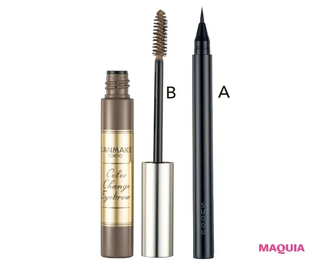 カラーチェンジアイブロウの使い方&メイクテク_メイクテク①太眉の悩みを解決! 下ライン&眉頭を足して"ややストレート"な眉に_使用コスメ_フレーミング アイブロウ リキッド ペン 04 ¥3300/SUQQU_キャンメイク カラーチェンジアイブロウ 05 ¥550/井田ラボラトリーズ