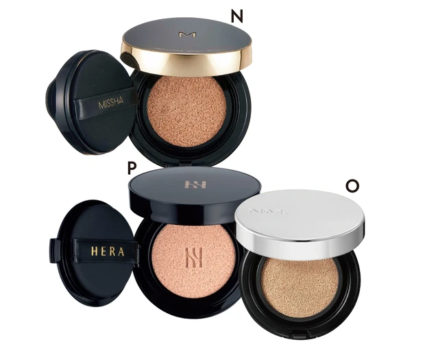 N M クッションファンデーション（プロカバー）No.21 SPF50+・PA+++ ￥1650／ミシャジャパン　ONAMING レイヤードフィットクッション21Y ￥3680/NAMING.Official Qoo10店　PHERAのブラッククッション 23N1／編集部私物