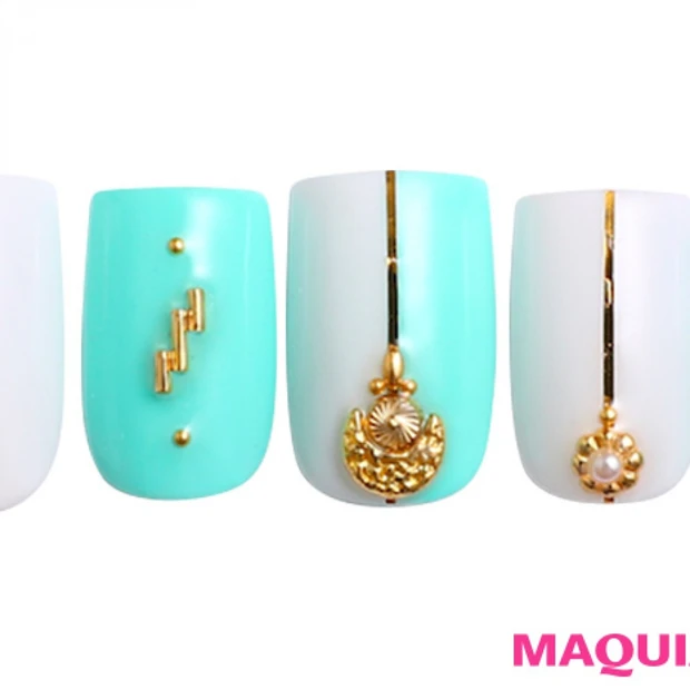 リッチな輝きの「ゴールドスタッズ」ネイルは、ミントグリーンで夏仕様!