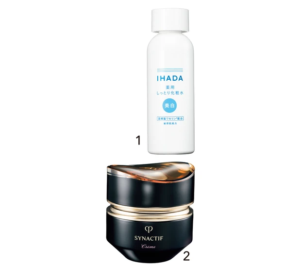 1イハダ 薬用クリアローション［医薬部外品］ 180ml ￥1980／資生堂薬品　2シナクティフ クレームn［医薬部外品］ 40g ￥132000／クレ・ド・ポー ボーテ