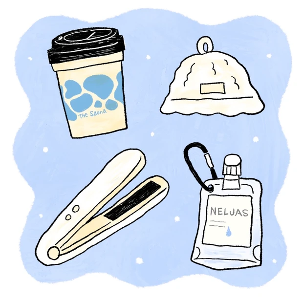 サウナ　サウナー　女子　momo　持ち物　必需品　サウナハット　ネルジャス　タンブラー　ヘアアイロン　コードレス