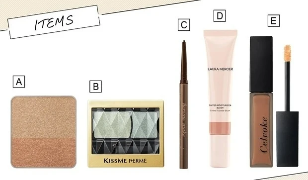 大人でも取り入れやすいY2Kメイクのやり方_キス デュアルアイズB 02 ¥1210/KISSME(伊勢半)_キスミー フェルム 華やかに彩る アイカラー 05 ¥880/KISSME(伊勢半)_ヒロインメイク ソフトディファイン クリームペンシル 01 ¥1320/KISSME(伊勢半)_ティンティド モイスチャライザー ブラッシュ PK1 ¥3410/ローラ メルシエ_エンスロール マット リップス EX03 ¥3850(限定色)/セルヴォーク