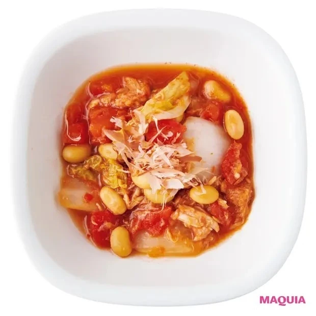【筋トレ中におすすめの食事レシピ】大豆と白菜の和風トマト煮込み 67kcal