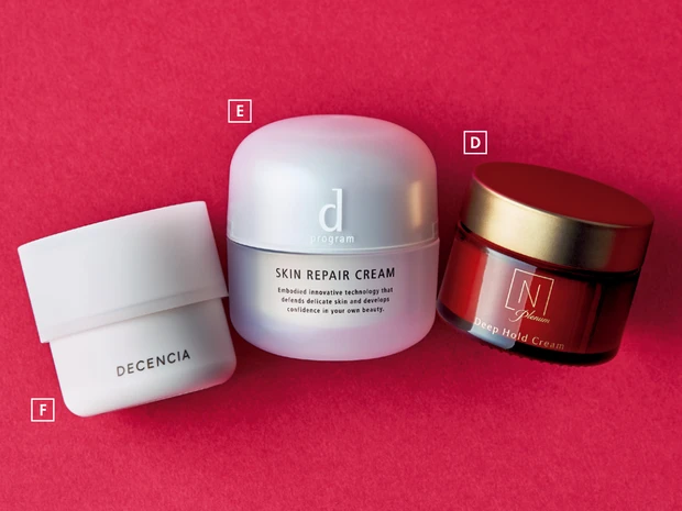 【対策2】やさしいクリームで潤いの蒸散をブロック_D N organic Plenum ディープホールド クリーム 47g ￥9900／シロク_E d プログラム スキンリペアクリーム［医薬部外品］45g ￥3960／資生堂_F クリーム 30g ￥6380／ディセンシア