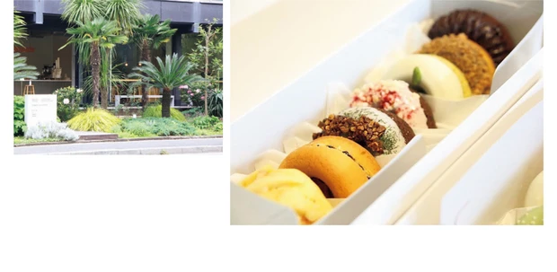 オレンジ ¥500やラムカレンズ ¥500など、常時15種類のドーナツが並ぶ。見た目も華やか。