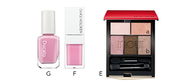 2.「透け感ピンク」を使った儚げなピンクメイク_Eインウイ アイズ 02 ¥6600/資生堂_Fリップ オイルティント “アウト オブ ユア シェル” 107 ¥3300/アディクション ビューティ(4月12日限定発売)_Gデュカート ネイルカラープライマー 03 ¥990/シャンティ(5月1日発売)