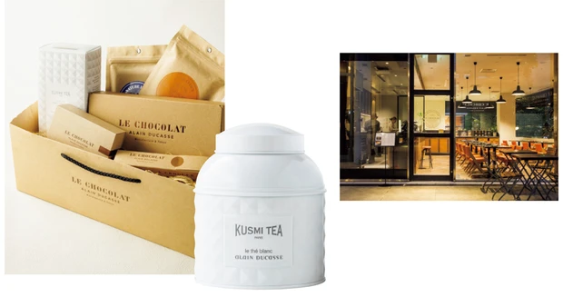 （右）テ ブラン アラン デュカス 120g缶 ¥9720、（左）人気商品を集めてセットにも。