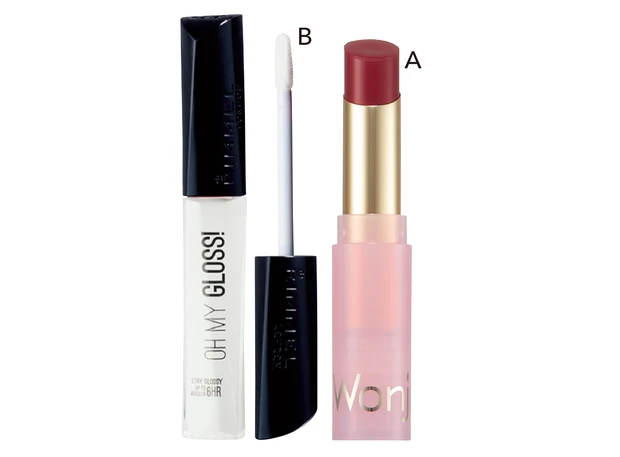 Aウォンジョンヨ リップステッカー 04 ¥1430／Rainmakers　Bオーマイグロス 001 ¥1045／リンメル（オンライン限定品）