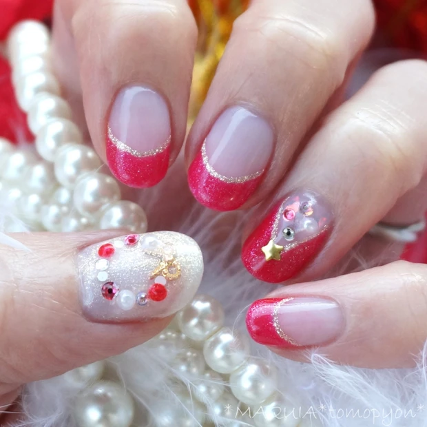 セルフでクリスマスネイルを楽しもう☆リース＆ツリーデザインを、大人の赤のフレンチで❤動画