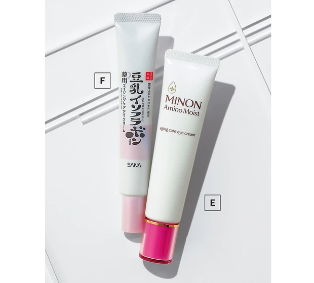 E ミノン アミノモイスト エイジングケア アイクリーム（医薬部外品） 25g ￥3080（編集部調べ）／第一三共ヘルスケア（8/28発売） F サナ なめらか本舗 薬用リンクルアイクリーム ホワイト（医薬部外品） 20g ￥1100／常盤薬品工業