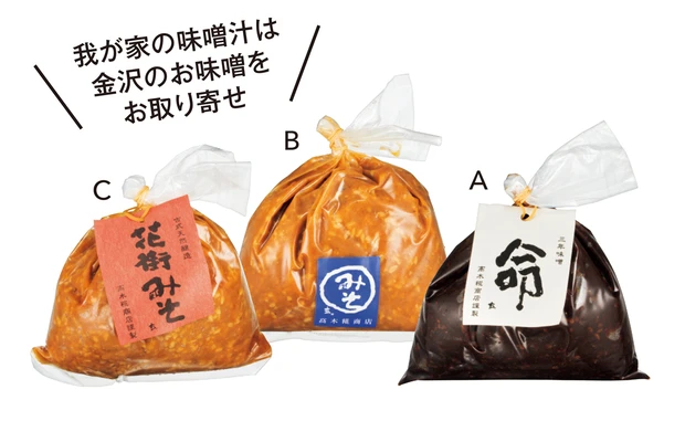 A 三年熟成した深いコクが特徴。三年味噌 500g ¥1296、B 塩分が効いた辛口味噌。杉桶味噌 500g ¥648、Cマイルドな味わい。花街味噌 500g ¥864/髙木糀商店