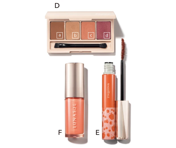 D フジコ 足しパレ 05 ￥2090／かならぼ（5月29日発売）　E ドラマティックエッセンスマスカラ （ロング＆カール） L OR552 ￥3190（編集部調べ）／マキアージュ（限定品）　F ルナソル デューイベアブラッシュ EX04 ￥3300／カネボウ化粧品（5月19日限定発売）