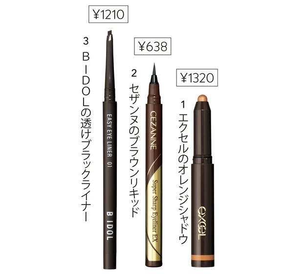 1 サナ エクセル グリームオンフィットシャドウ GF04／常盤薬品工業、2 極細アイライナーEX 20／セザンヌ化粧品、3 B IDOL イージー eye ライナー 01／かならぼ