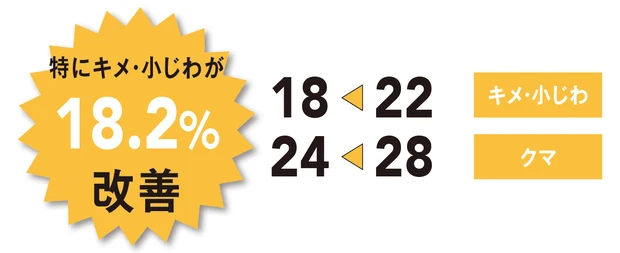 キメ・小じわ　22→18　クマ　28→24　特にキメ・小じわが18.2%改善