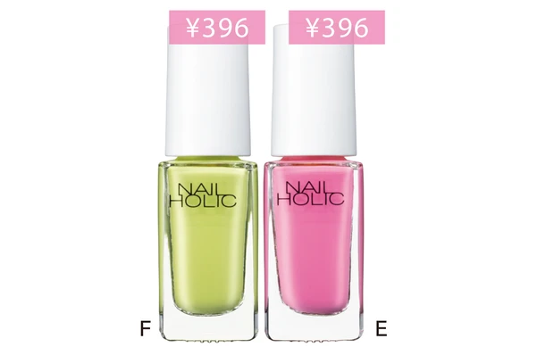 E ネイルホリック  リミテッドカラー PK843、Fピスタチオグリーン。ランダムに単色塗り。同GR729（価格は編集部調べ）／コーセーコスメニエンス（6/16限定発売）