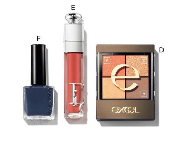 D エクセル リアルクローズシャドウ CX05 ￥1650／常盤薬品工業　E ディオール アディクト リップ マキシマイザー 043 ￥4620／パルファン・クリスチャン・ディオール（4月28日限定発売）　F ザ ネイル ポリッシュ + 030S ￥2420／アディクション ビューティ