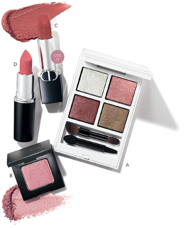 3.「くすみピンク」を使った大人の上品ピンクメイク_Aザ アイシャドウ パレット “アウト オブ ユア シェル” 101 ¥6820/アディクション ビューティ(4月12日限定発売)_Bニュアンス アイシャドウ d18 ¥2420/OSAJI_Cルージュ ディオール 724 ¥5940/パルファン・クリスチャン・ディオール_Dマキシマル シルキー マット リップスティック メア ¥4620/M・A・C