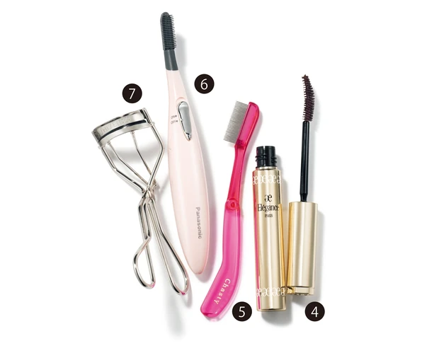 4 エレガンス グラヴィティレス マスカラ BR20 ￥4400／エレガンス コスメティックス　5 チャスティ マスカラコームメタルN マジェンタP（ナチュラル） ￥770／シャンティ　6 まつげくるん EH-SE51（オープン価格）／パナソニック　7 アイラッシュカーラー 213 ￥880／資生堂