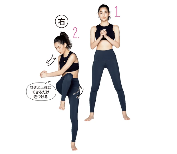 1.脚を肩幅に開いて立つ／2.腕は右下に振り下ろし、右ひざを左上へ引き上げる