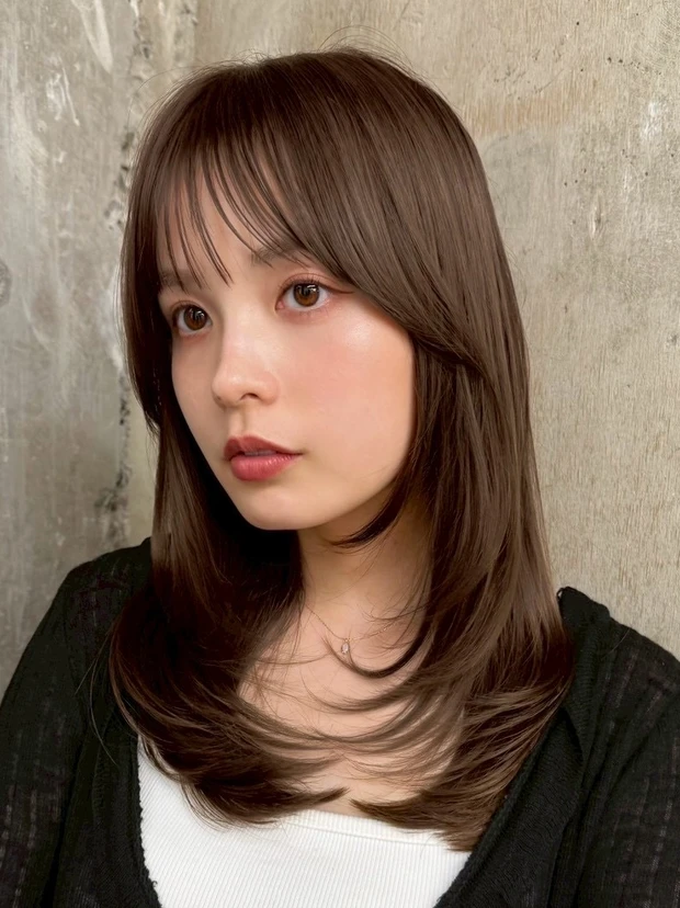 髪型　ミディアムレイヤー　ミディアムヘア　小顔ヘア　大人ヘア　スタイリング