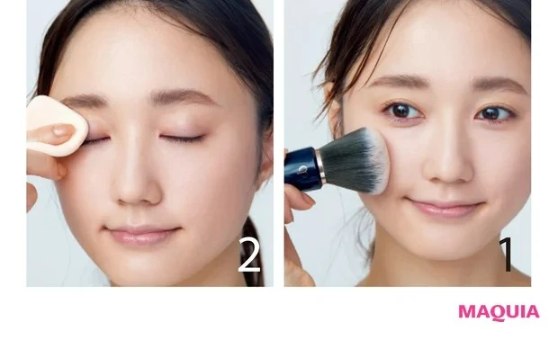 _Q 秋冬にパウダリーファンデーションを使うと粉っぽくなる。防ぐには?_A スキンケアから対策をぬかりなく_1 化粧水をたっぷり馴染ませ、下地は保湿系かつベタつかないものを。ファンデーションは大きなブラシで肌を磨くように塗る。2 目元や小鼻などはスポンジで押さえて