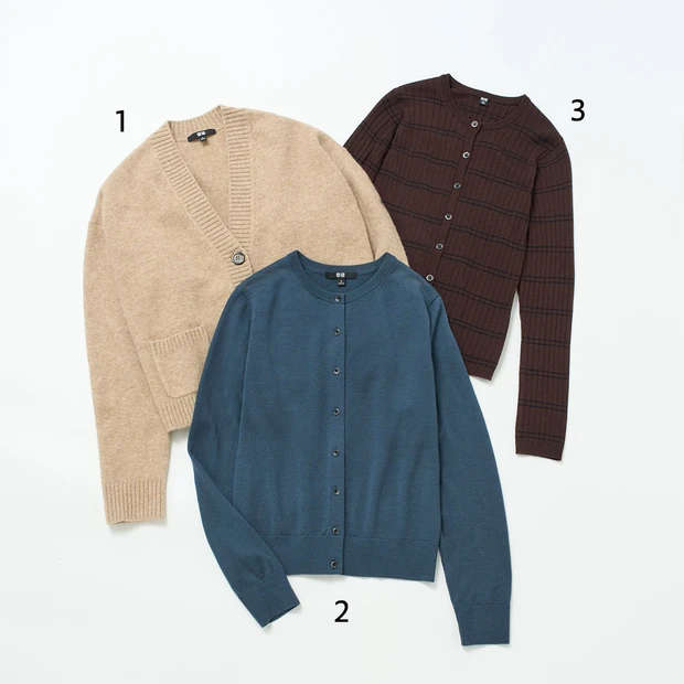 ユニクロ　UNIQLO　スフレヤーンショートカーディガン　メリノクルーネックカーディガン　メリノリブクルーネックショートカーディガン