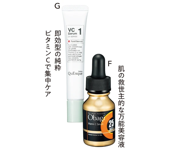 F オバジC25  セラム ネオ 12ml ￥11000／ロート製薬、G クエスク メディックス EXシリーズ VC1 20ml ￥6600