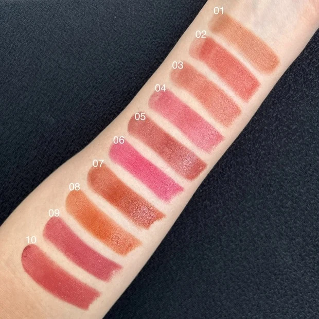 2024年夏新色リップ_RMK  デューイーメルト リップカラー 01／02／03／04／05／06／07／08／09／10_スウォッチ