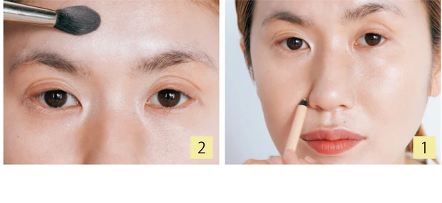 影を消して平らに。鼻根と目元もハイライトで抜けを