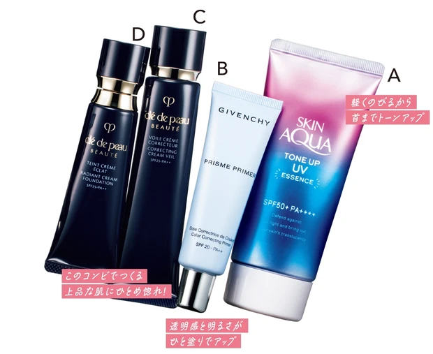 A スキンアクア トーンアップUVエッセンス ラベンダー SPF50+･PA++++ 80g ￥814（編集部調べ）／ロート製薬　B プリズム・プライマー 01 SPF20･PA++ 30ml ￥6490／パルファム ジバンシイ　C ヴォワールコレクチュールn SPF25･PA++ 40g ￥7150、D タンクレームエクラn SPF25･PA++ 25g 全8色 各￥14300／クレ・ド・ポー ボーテ