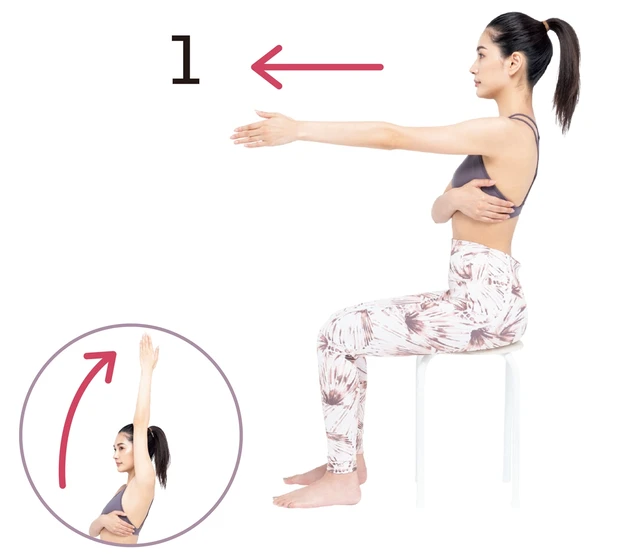 1肋骨を固定して腕を前に伸ばす